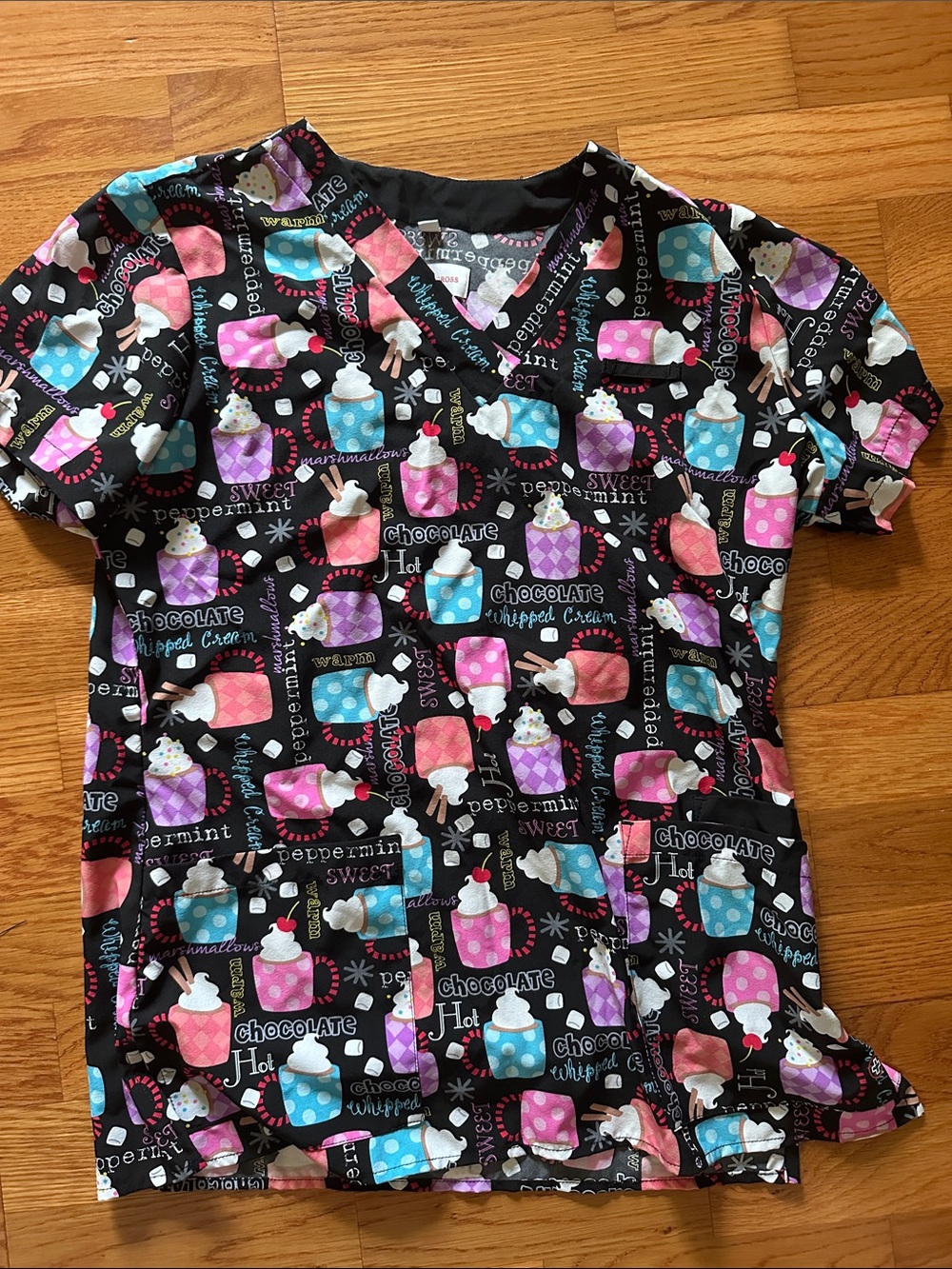 White Cross Black Short Sleeve Tee with Colorful Hot Chocolate Print